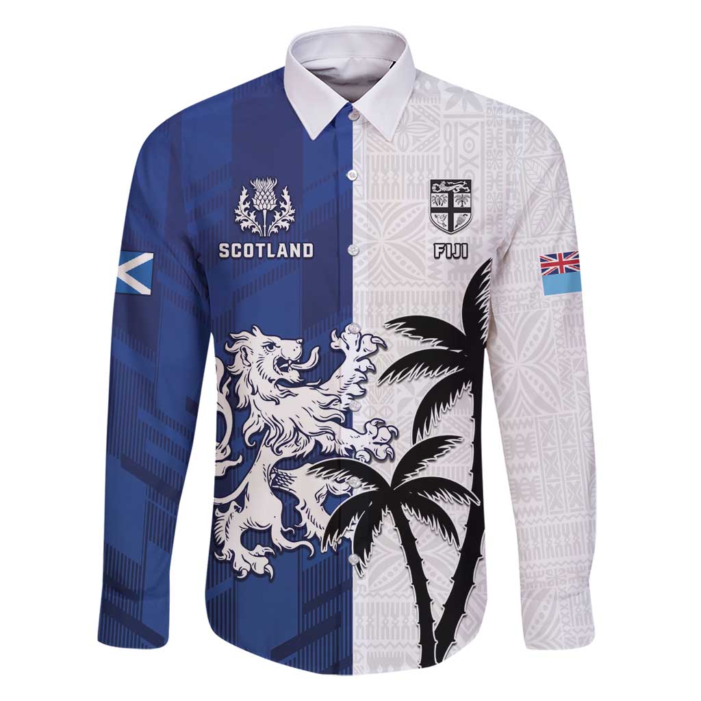 Fiji And Scotland Rugby Custom Family Matching Summer Maxi Dress and Hawaiian Shirt Fijian Palm Tree With Thistle Together LT05 Dad's Shirt - Long Sleeve Blue - Polynesian Pride