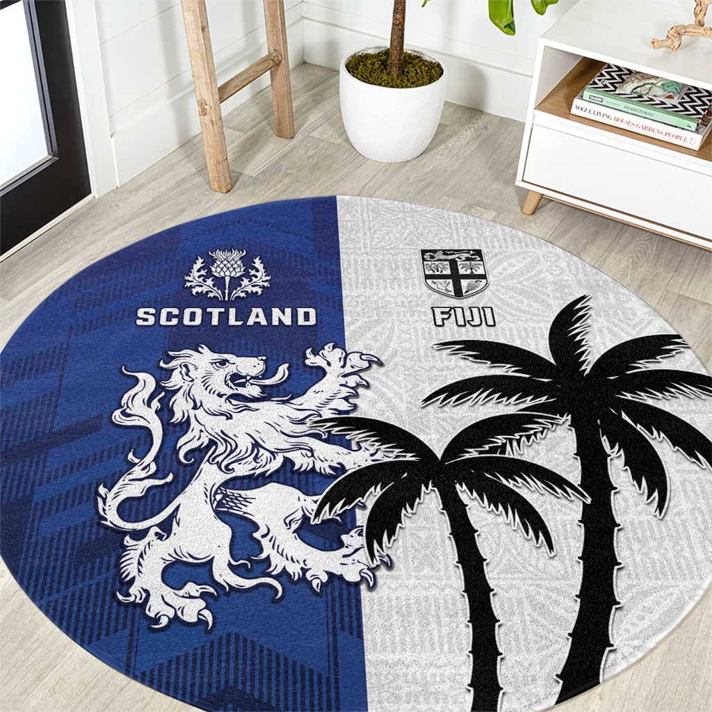 Fiji And Scotland Rugby Round Carpet Fijian Palm Tree With Thistle Together LT05 Blue - Polynesian Pride