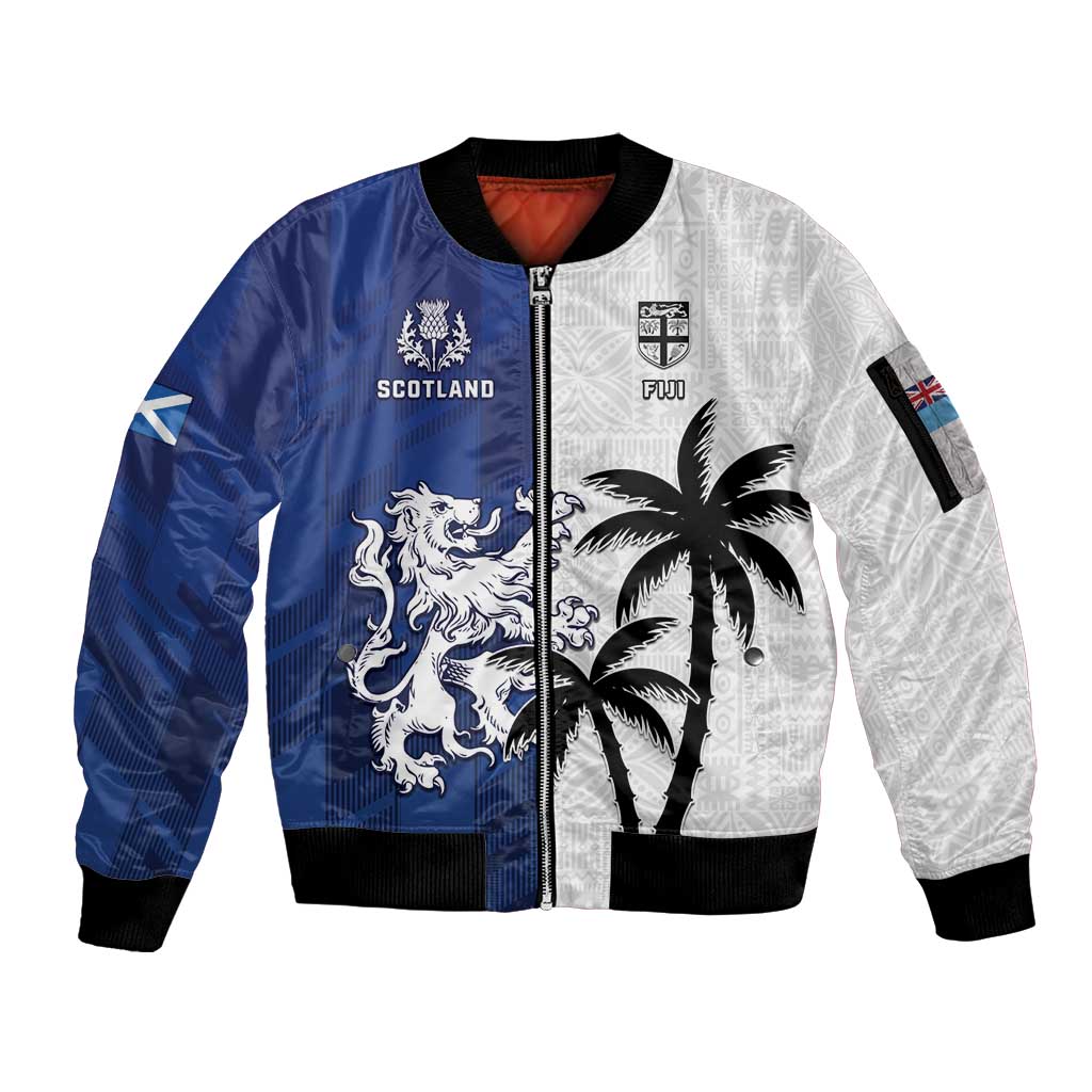 Fiji And Scotland Rugby Custom Sleeve Zip Bomber Jacket Fijian Palm Tree With Thistle Together LT05 Unisex Blue - Polynesian Pride