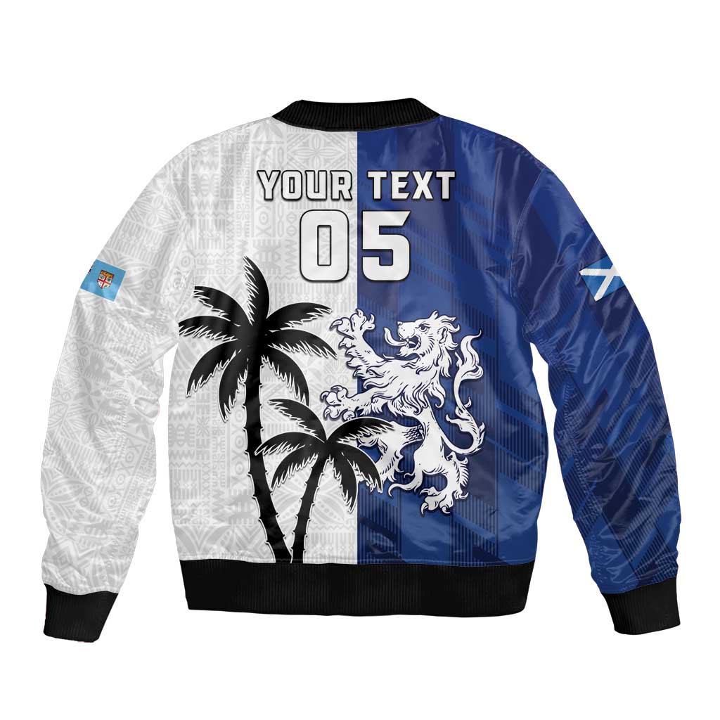 Fiji And Scotland Rugby Custom Sleeve Zip Bomber Jacket Fijian Palm Tree With Thistle Together LT05 - Polynesian Pride