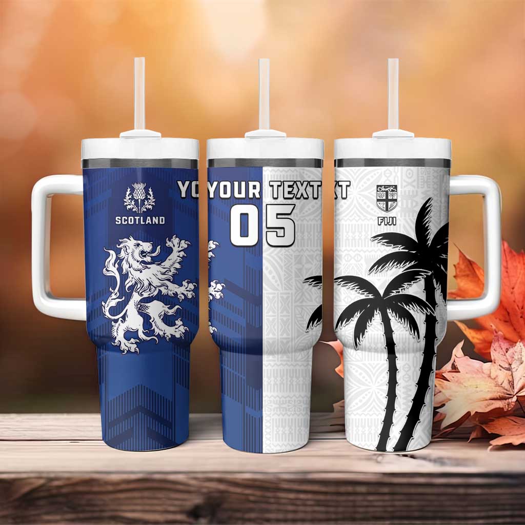 Fiji And Scotland Rugby Custom Tumbler With Handle Fijian Palm Tree With Thistle Together