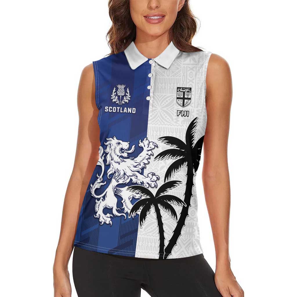Fiji And Scotland Rugby Custom Women Sleeveless Polo Shirt Fijian Palm Tree With Thistle Together