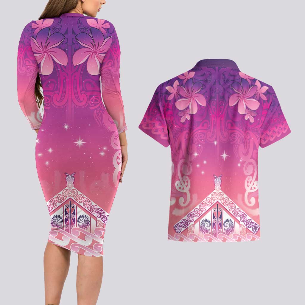 New Zealand Matariki Couples Matching Long Sleeve Bodycon Dress and Hawaiian Shirt Maori Marae Purple Galaxy LT05 - Polynesian Pride