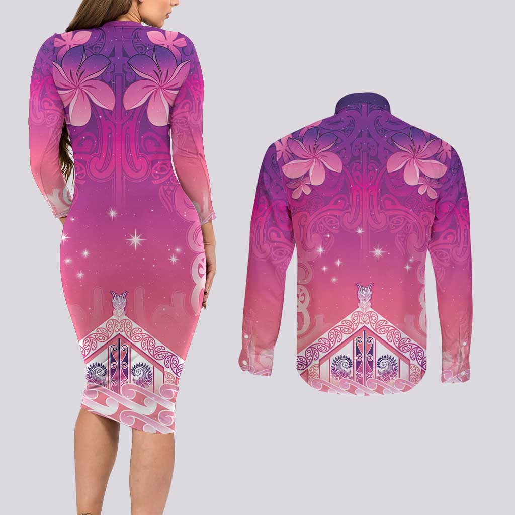 New Zealand Matariki Couples Matching Long Sleeve Bodycon Dress and Long Sleeve Button Shirt Maori Marae Purple Galaxy LT05 - Polynesian Pride