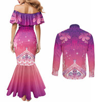 New Zealand Matariki Couples Matching Mermaid Dress and Long Sleeve Button Shirt Maori Marae Purple Galaxy LT05 - Polynesian Pride