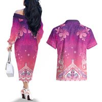 New Zealand Matariki Couples Matching Off The Shoulder Long Sleeve Dress and Hawaiian Shirt Maori Marae Purple Galaxy LT05 - Polynesian Pride