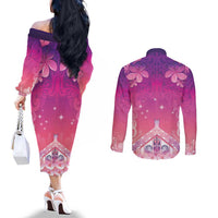 New Zealand Matariki Couples Matching Off The Shoulder Long Sleeve Dress and Long Sleeve Button Shirt Maori Marae Purple Galaxy LT05 - Polynesian Pride