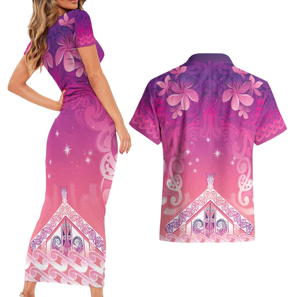 New Zealand Matariki Couples Matching Short Sleeve Bodycon Dress and Hawaiian Shirt Maori Marae Purple Galaxy LT05 - Polynesian Pride