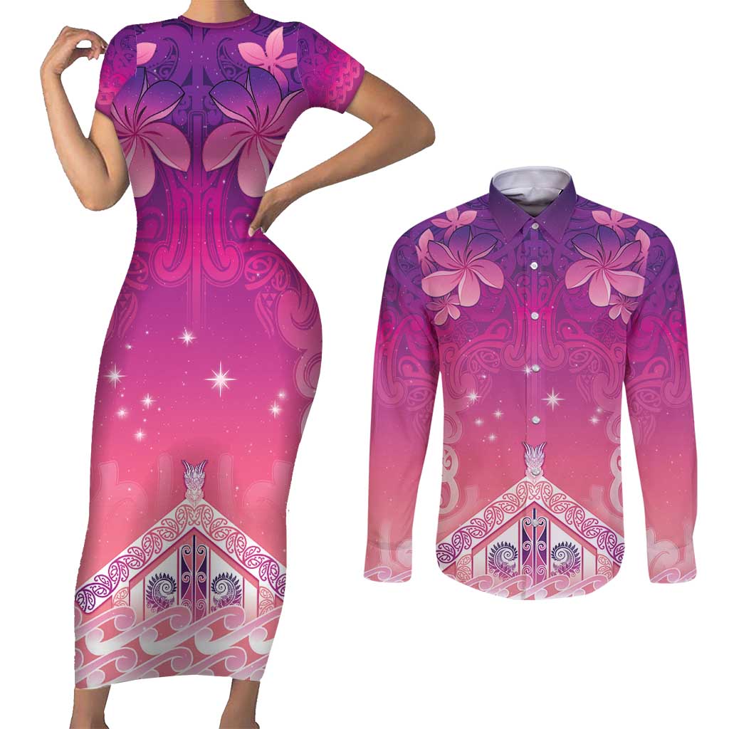 New Zealand Matariki Couples Matching Short Sleeve Bodycon Dress and Long Sleeve Button Shirt Maori Marae Purple Galaxy LT05 Purple - Polynesian Pride