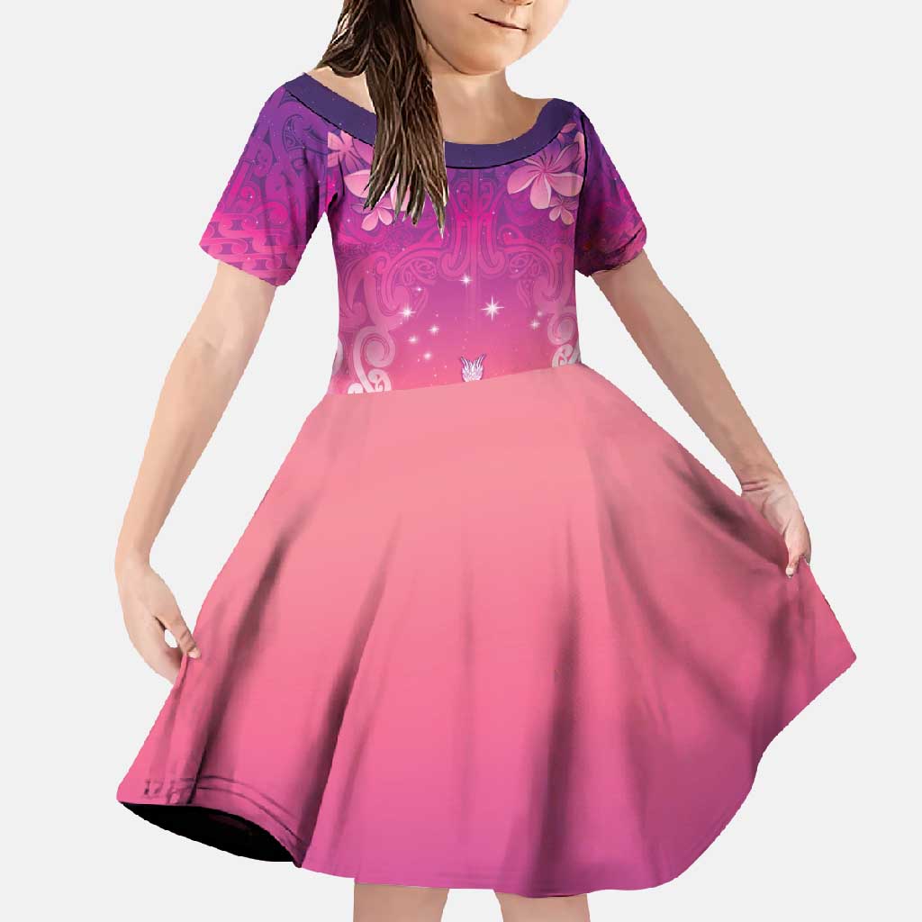 New Zealand Matariki Family Matching Long Sleeve Bodycon Dress and Hawaiian Shirt Maori Marae Purple Galaxy LT05 Daughter's Dress Purple - Polynesian Pride