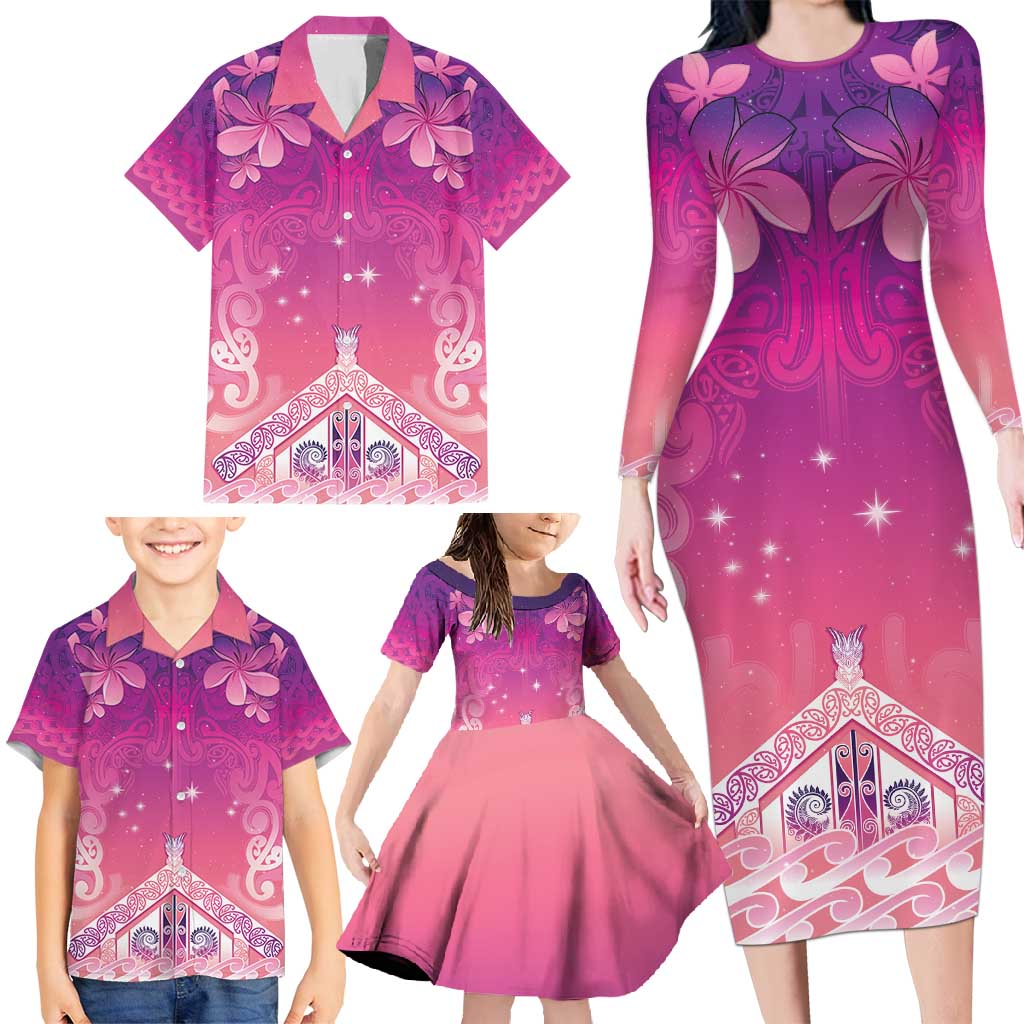 New Zealand Matariki Family Matching Long Sleeve Bodycon Dress and Hawaiian Shirt Maori Marae Purple Galaxy LT05 - Polynesian Pride