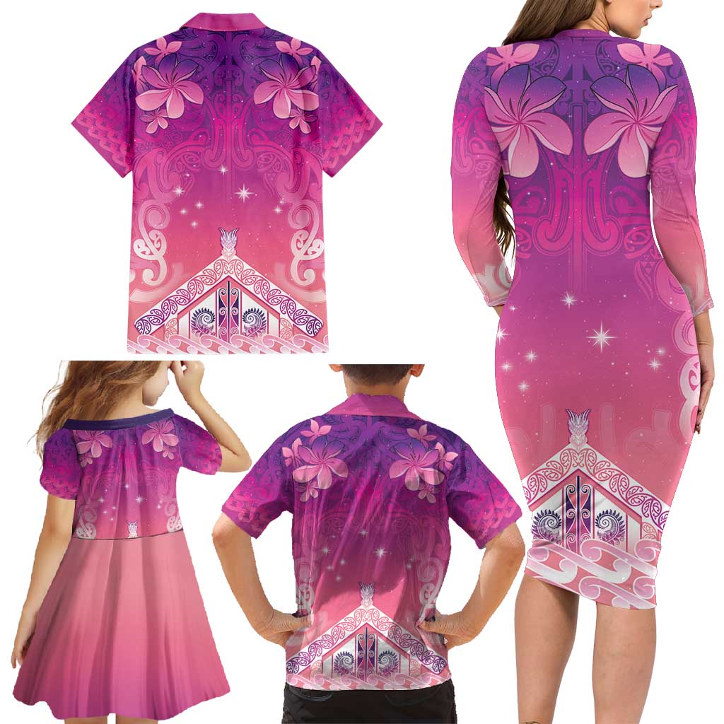 New Zealand Matariki Family Matching Long Sleeve Bodycon Dress and Hawaiian Shirt Maori Marae Purple Galaxy LT05 - Polynesian Pride