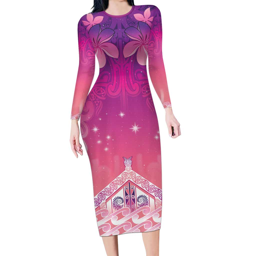 New Zealand Matariki Family Matching Long Sleeve Bodycon Dress and Hawaiian Shirt Maori Marae Purple Galaxy LT05 Mom's Dress Purple - Polynesian Pride