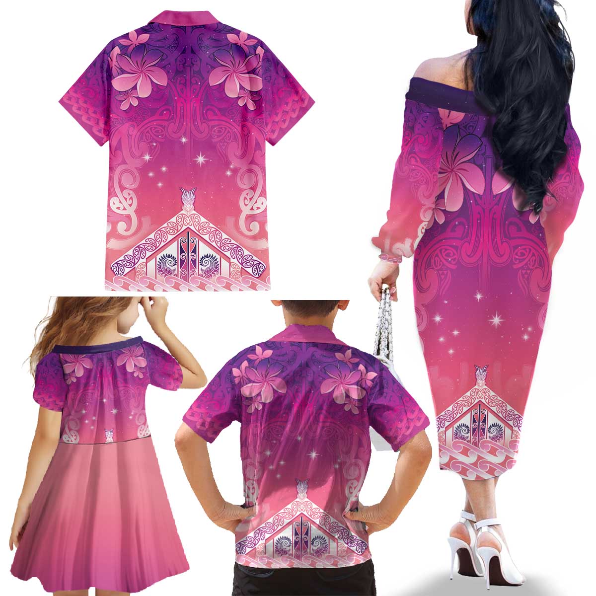 New Zealand Matariki Family Matching Off The Shoulder Long Sleeve Dress and Hawaiian Shirt Maori Marae Purple Galaxy LT05 - Polynesian Pride