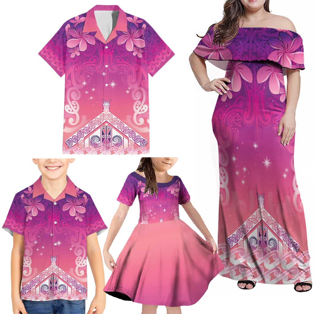 New Zealand Matariki Family Matching Off Shoulder Maxi Dress and Hawaiian Shirt Maori Marae Purple Galaxy LT05 - Polynesian Pride