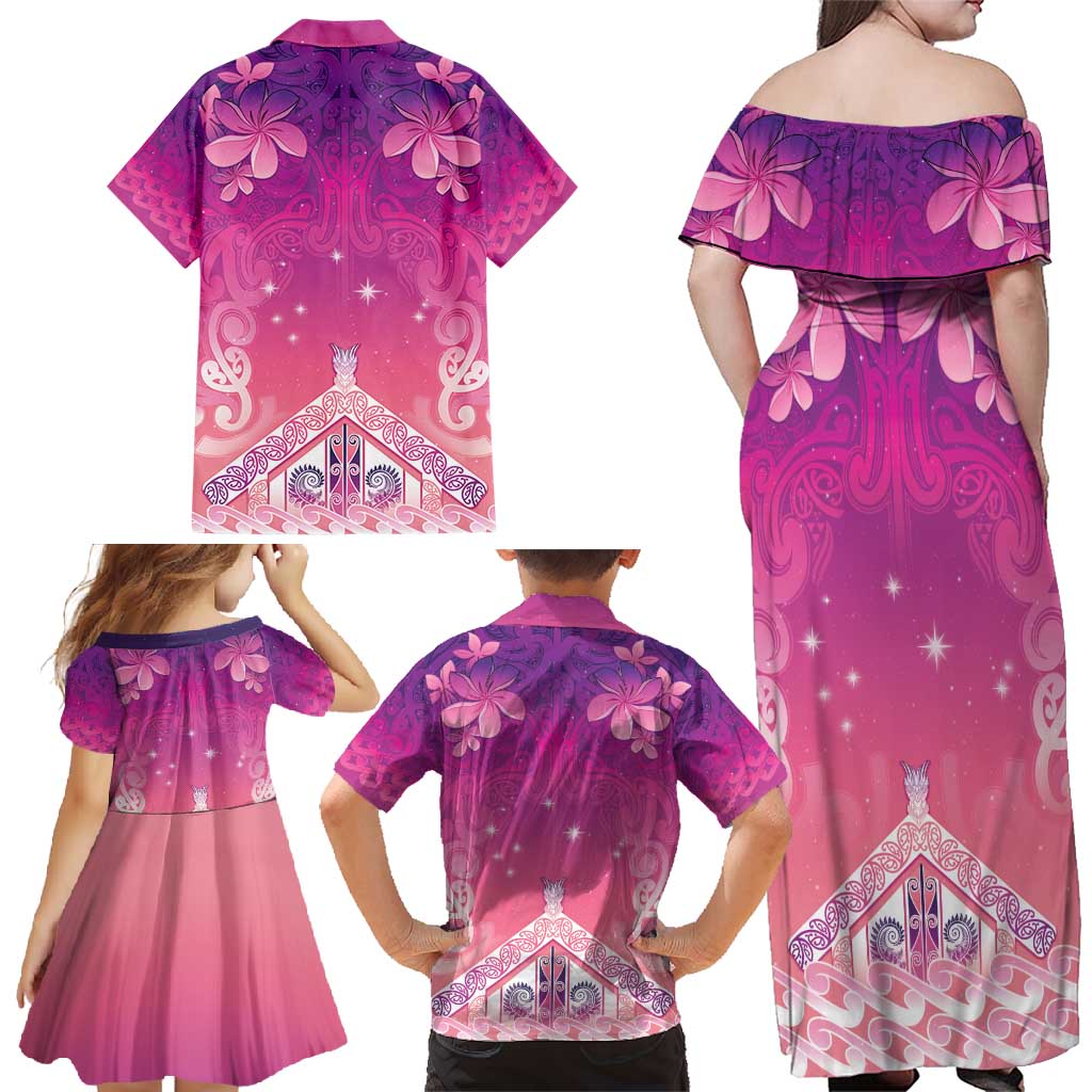 New Zealand Matariki Family Matching Off Shoulder Maxi Dress and Hawaiian Shirt Maori Marae Purple Galaxy LT05 - Polynesian Pride