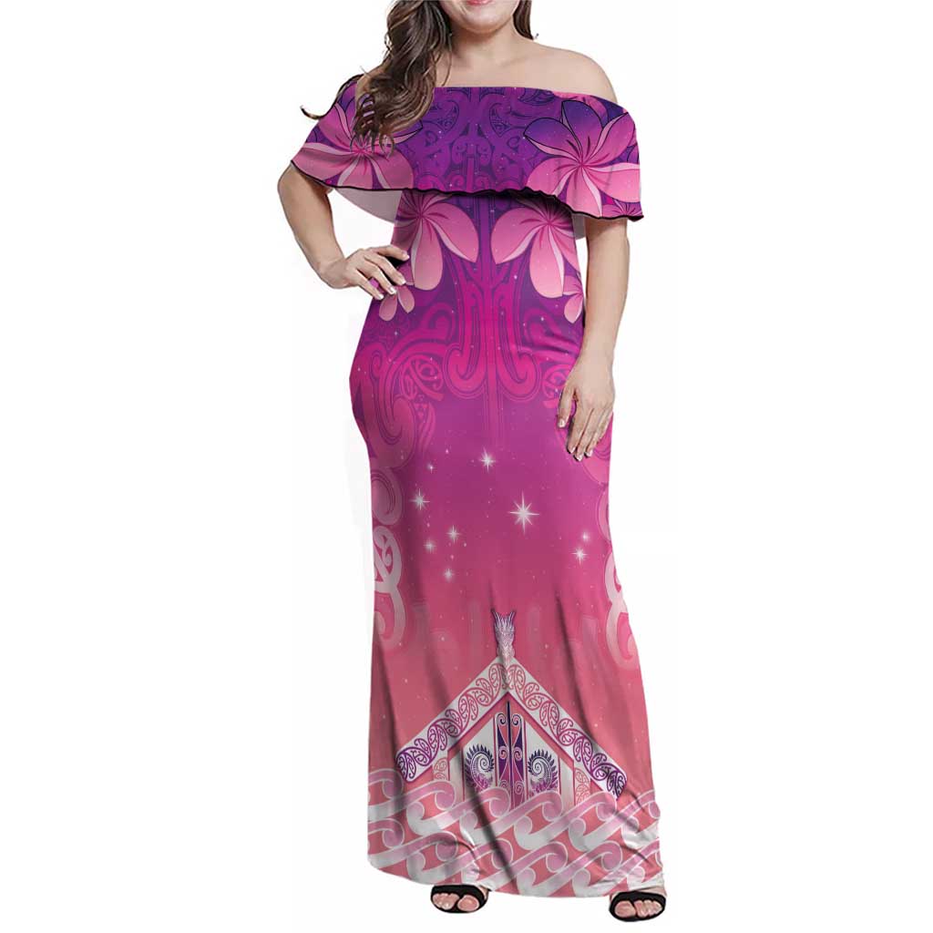New Zealand Matariki Family Matching Off Shoulder Maxi Dress and Hawaiian Shirt Maori Marae Purple Galaxy LT05 Mom's Dress Purple - Polynesian Pride