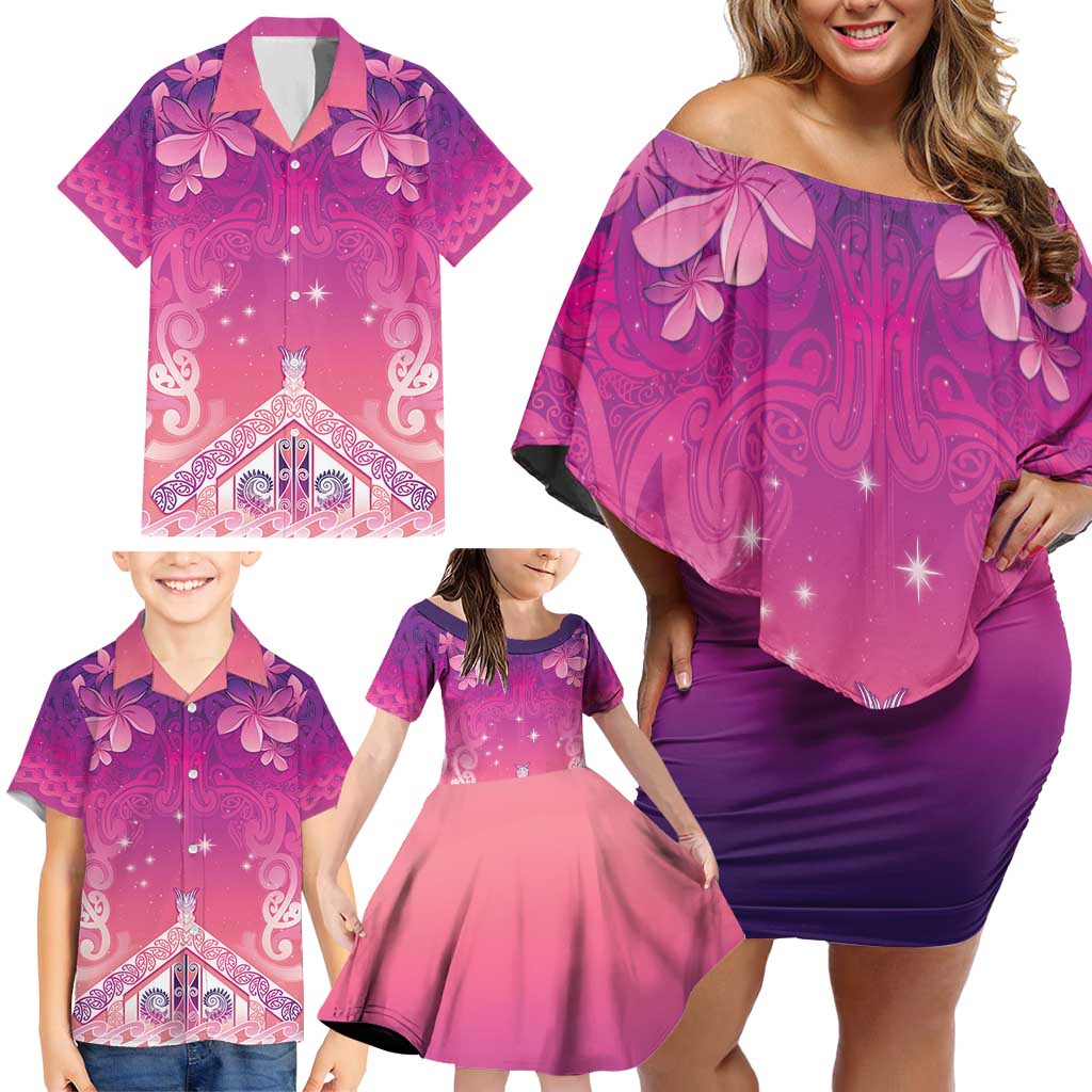 New Zealand Matariki Family Matching Off Shoulder Short Dress and Hawaiian Shirt Maori Marae Purple Galaxy LT05 - Polynesian Pride