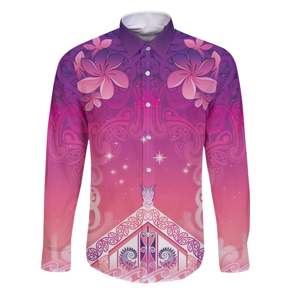 New Zealand Matariki Family Matching Tank Maxi Dress and Hawaiian Shirt Maori Marae Purple Galaxy LT05 Dad's Shirt - Long Sleeve Purple - Polynesian Pride