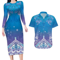 New Zealand Matariki Couples Matching Long Sleeve Bodycon Dress and Hawaiian Shirt Maori Marae Cyan Galaxy LT05 Cyan - Polynesian Pride