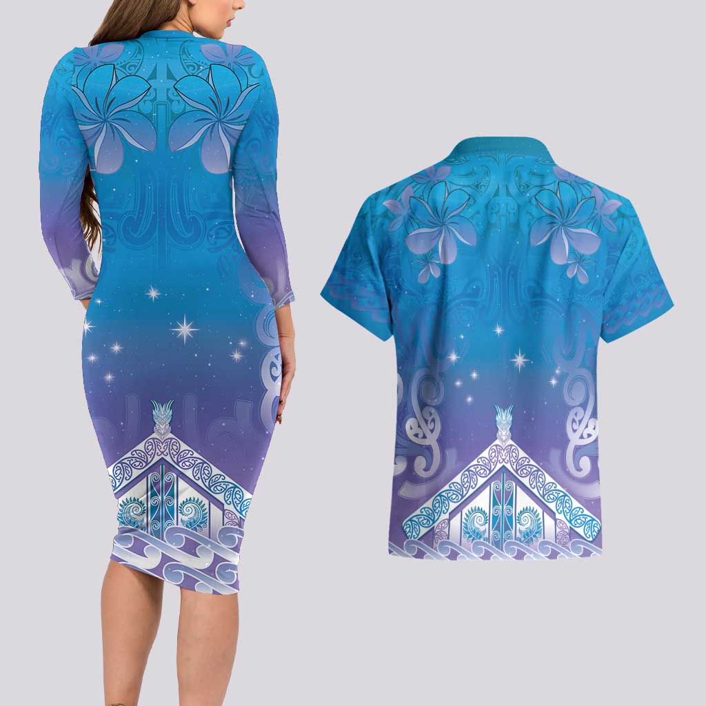 New Zealand Matariki Couples Matching Long Sleeve Bodycon Dress and Hawaiian Shirt Maori Marae Cyan Galaxy LT05 - Polynesian Pride