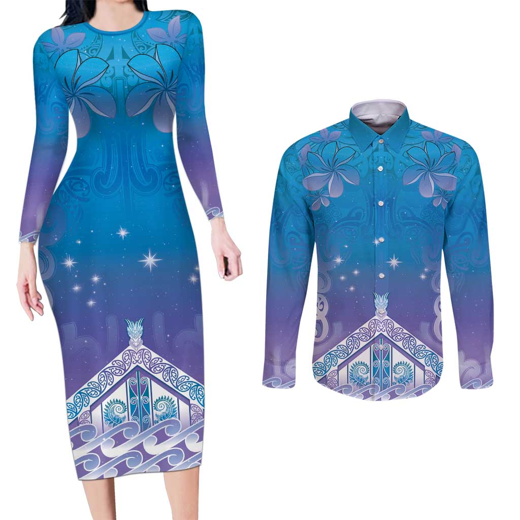 New Zealand Matariki Couples Matching Long Sleeve Bodycon Dress and Long Sleeve Button Shirt Maori Marae Cyan Galaxy LT05 Cyan - Polynesian Pride