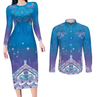 New Zealand Matariki Couples Matching Long Sleeve Bodycon Dress and Long Sleeve Button Shirt Maori Marae Cyan Galaxy LT05 Cyan - Polynesian Pride