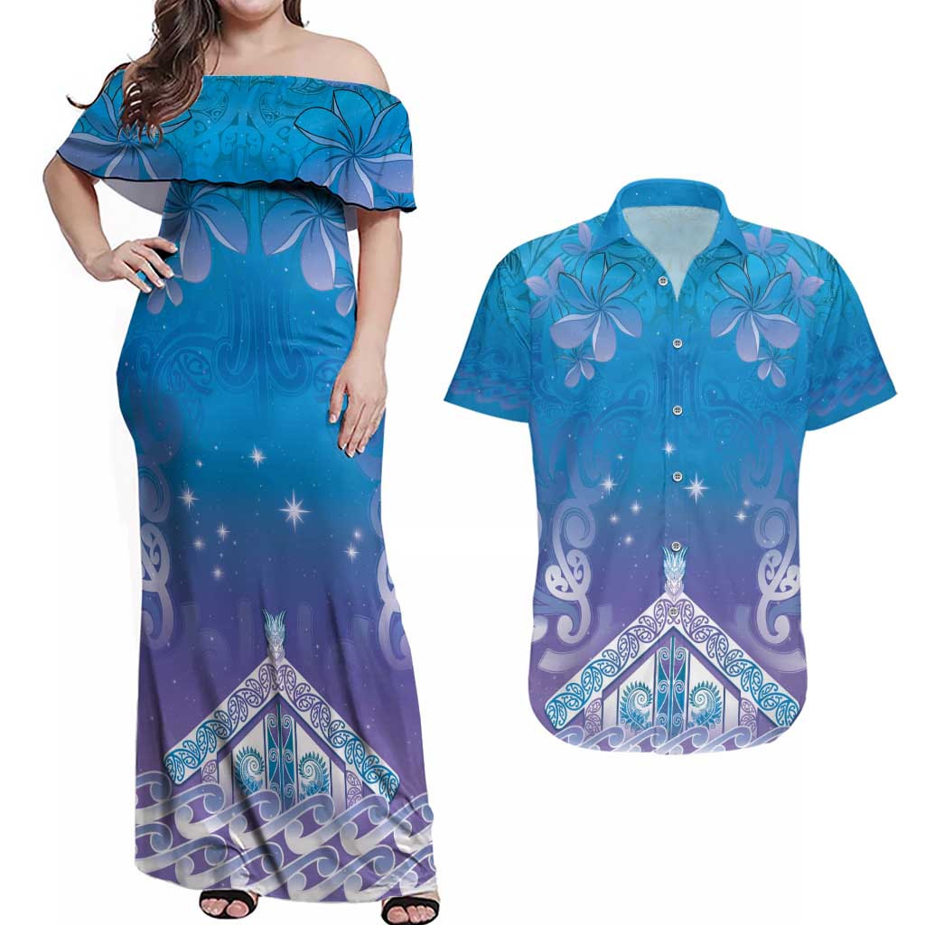 New Zealand Matariki Couples Matching Off Shoulder Maxi Dress and Hawaiian Shirt Maori Marae Cyan Galaxy LT05 Cyan - Polynesian Pride
