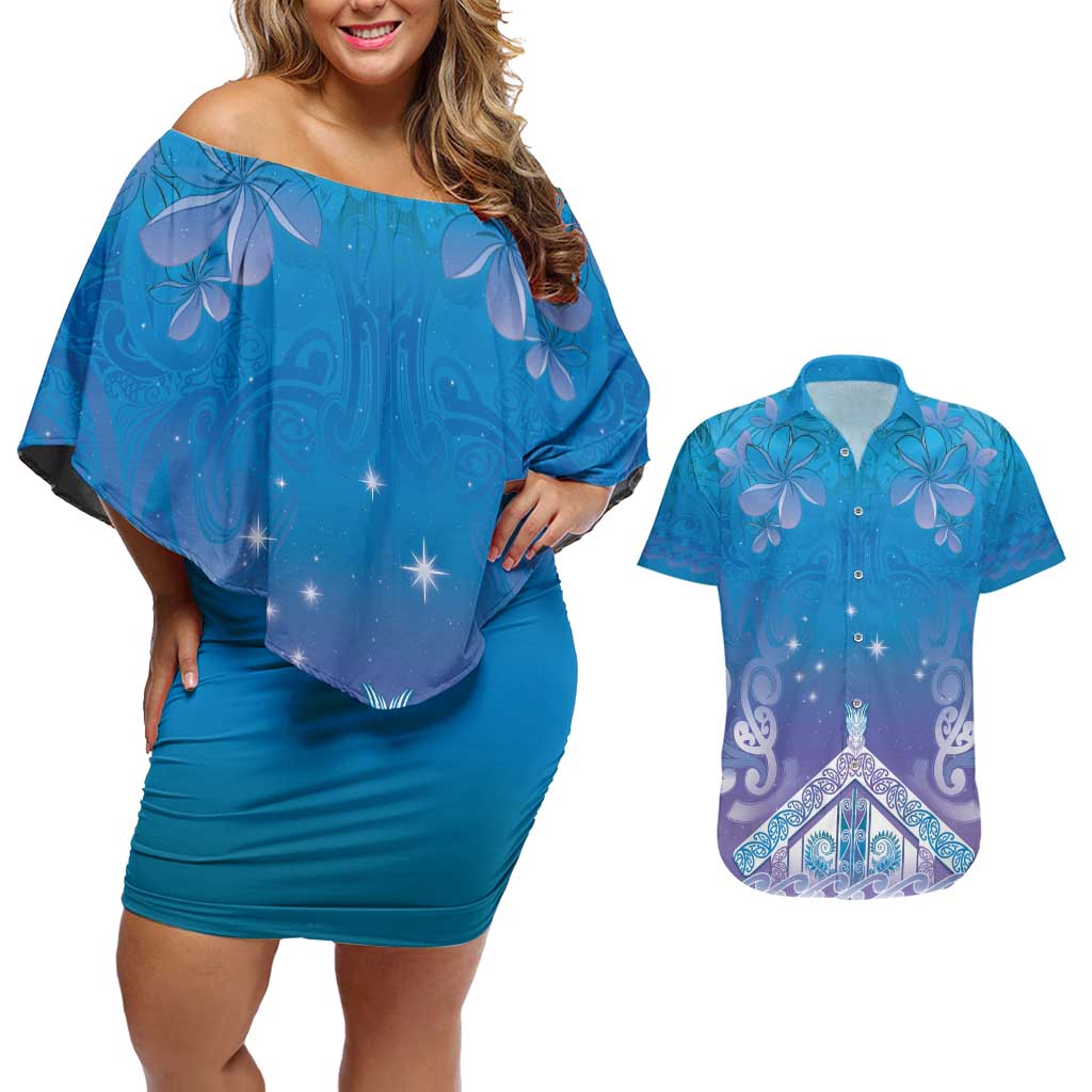 New Zealand Matariki Couples Matching Off Shoulder Short Dress and Hawaiian Shirt Maori Marae Cyan Galaxy LT05 Cyan - Polynesian Pride