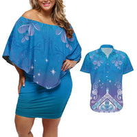 New Zealand Matariki Couples Matching Off Shoulder Short Dress and Hawaiian Shirt Maori Marae Cyan Galaxy LT05 Cyan - Polynesian Pride
