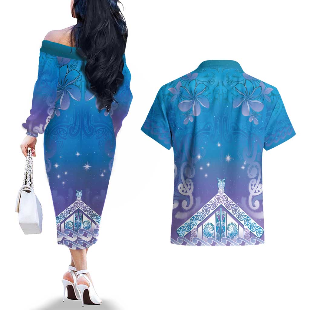 New Zealand Matariki Couples Matching Off The Shoulder Long Sleeve Dress and Hawaiian Shirt Maori Marae Cyan Galaxy LT05 - Polynesian Pride