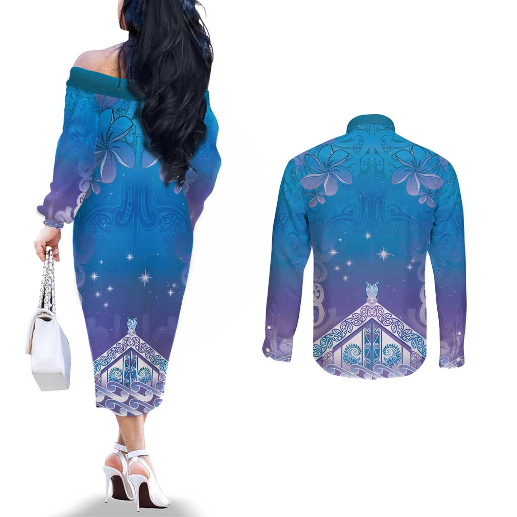 New Zealand Matariki Couples Matching Off The Shoulder Long Sleeve Dress and Long Sleeve Button Shirt Maori Marae Cyan Galaxy LT05 - Polynesian Pride