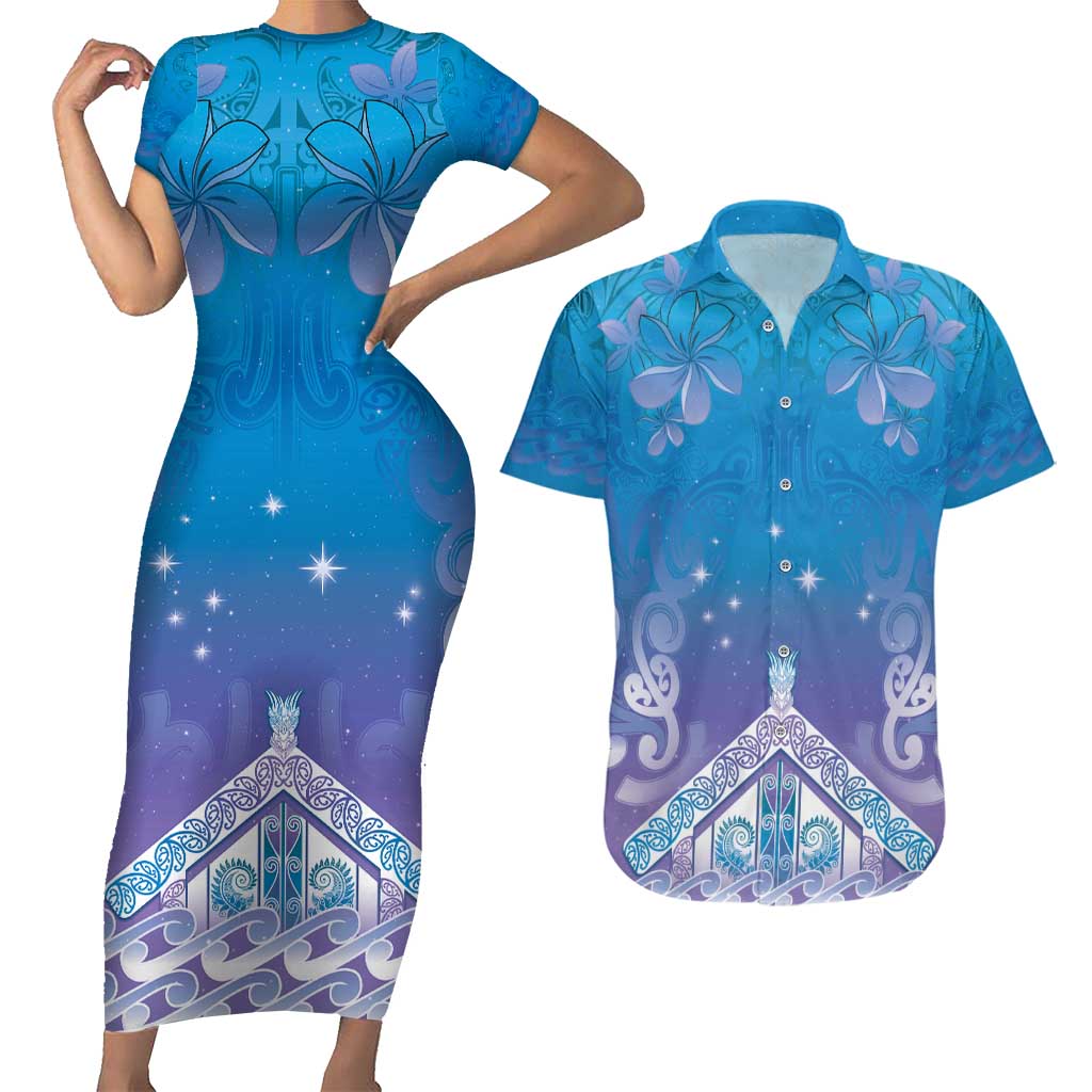 New Zealand Matariki Couples Matching Short Sleeve Bodycon Dress and Hawaiian Shirt Maori Marae Cyan Galaxy LT05 Cyan - Polynesian Pride