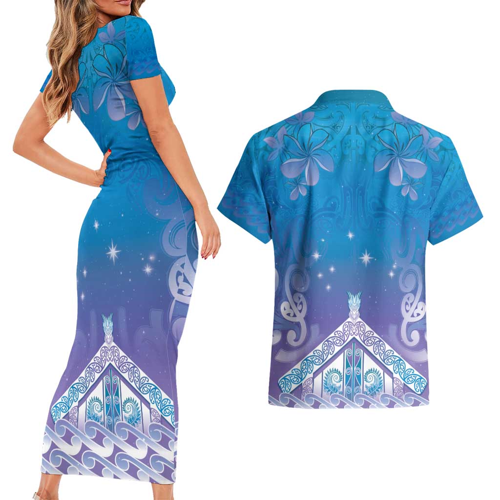 New Zealand Matariki Couples Matching Short Sleeve Bodycon Dress and Hawaiian Shirt Maori Marae Cyan Galaxy LT05 - Polynesian Pride