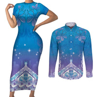 New Zealand Matariki Couples Matching Short Sleeve Bodycon Dress and Long Sleeve Button Shirt Maori Marae Cyan Galaxy LT05 Cyan - Polynesian Pride
