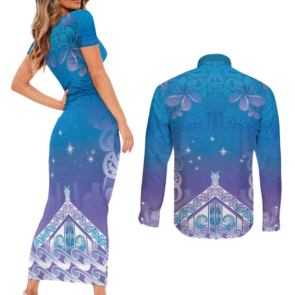 New Zealand Matariki Couples Matching Short Sleeve Bodycon Dress and Long Sleeve Button Shirt Maori Marae Cyan Galaxy LT05 - Polynesian Pride