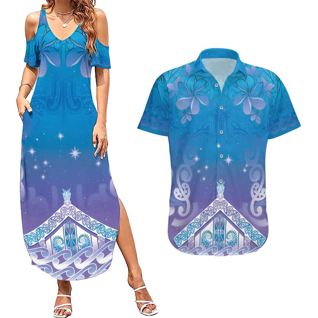 New Zealand Matariki Couples Matching Summer Maxi Dress and Hawaiian Shirt Maori Marae Cyan Galaxy LT05 Cyan - Polynesian Pride