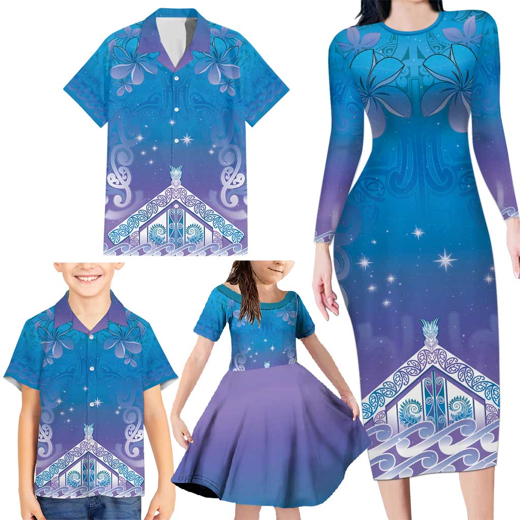 New Zealand Matariki Family Matching Long Sleeve Bodycon Dress and Hawaiian Shirt Maori Marae Cyan Galaxy LT05 - Polynesian Pride