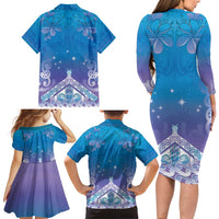 New Zealand Matariki Family Matching Long Sleeve Bodycon Dress and Hawaiian Shirt Maori Marae Cyan Galaxy LT05 - Polynesian Pride