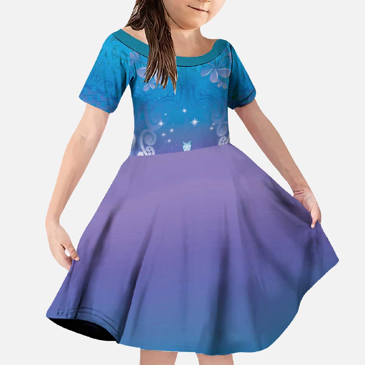 New Zealand Matariki Family Matching Off The Shoulder Long Sleeve Dress and Hawaiian Shirt Maori Marae Cyan Galaxy LT05 Daughter's Dress Cyan - Polynesian Pride