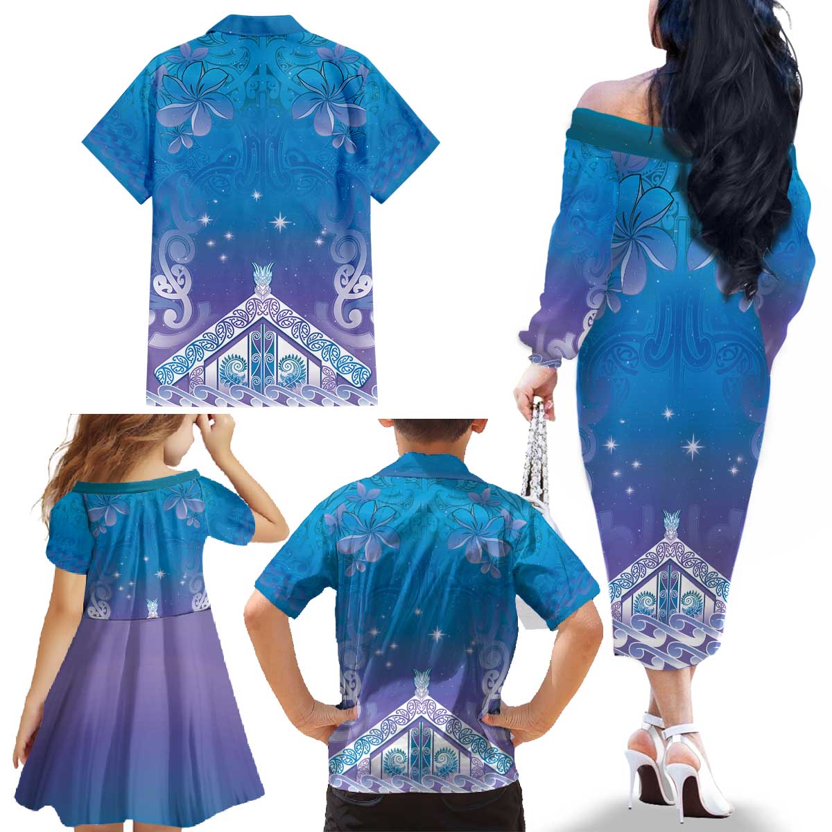 New Zealand Matariki Family Matching Off The Shoulder Long Sleeve Dress and Hawaiian Shirt Maori Marae Cyan Galaxy LT05 - Polynesian Pride