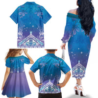 New Zealand Matariki Family Matching Off The Shoulder Long Sleeve Dress and Hawaiian Shirt Maori Marae Cyan Galaxy LT05 - Polynesian Pride