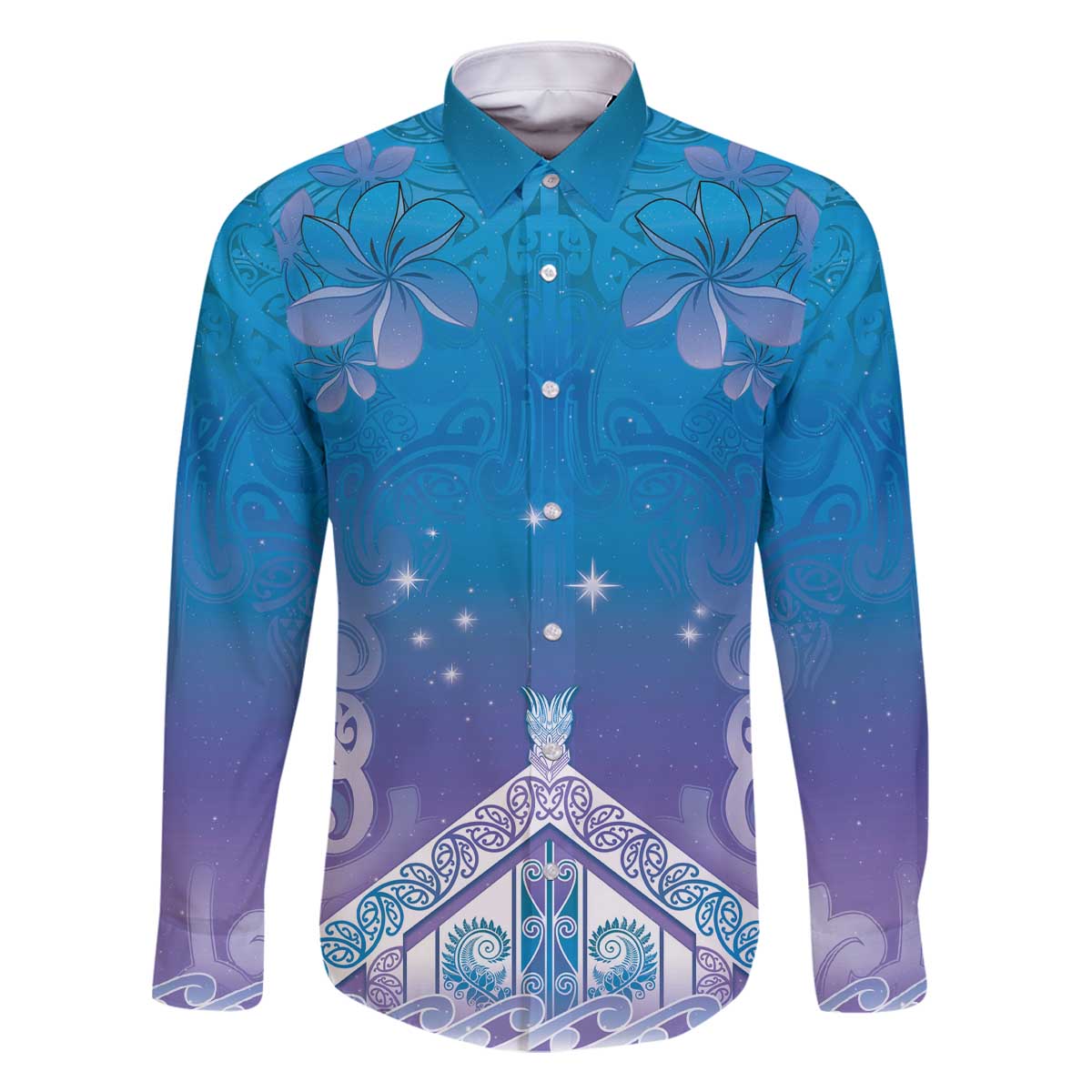 New Zealand Matariki Family Matching Off The Shoulder Long Sleeve Dress and Hawaiian Shirt Maori Marae Cyan Galaxy LT05 Dad's Shirt - Long Sleeve Cyan - Polynesian Pride