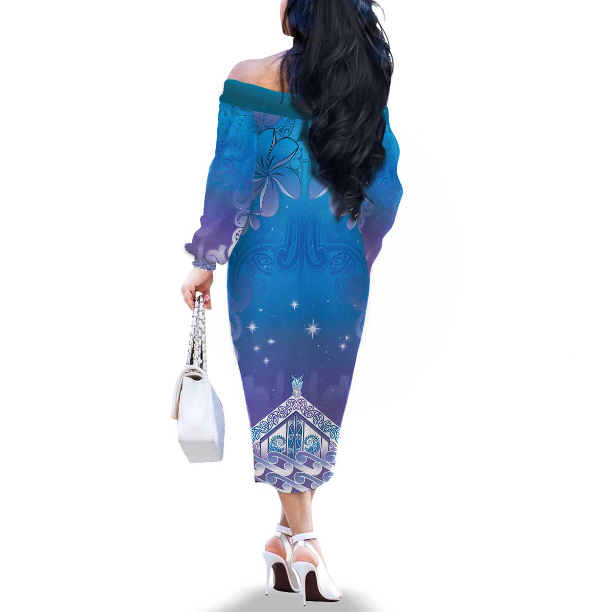 New Zealand Matariki Family Matching Off The Shoulder Long Sleeve Dress and Hawaiian Shirt Maori Marae Cyan Galaxy LT05 - Polynesian Pride