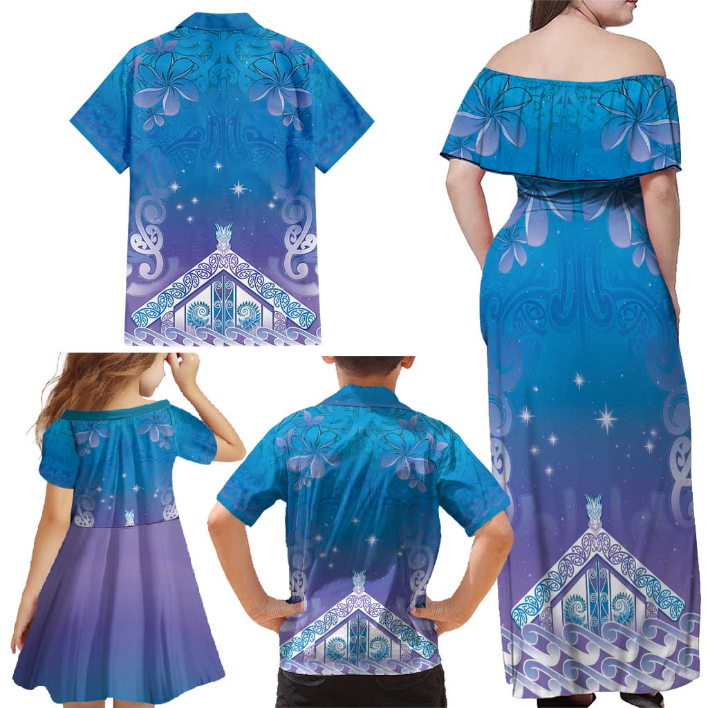 New Zealand Matariki Family Matching Off Shoulder Maxi Dress and Hawaiian Shirt Maori Marae Cyan Galaxy LT05 - Polynesian Pride