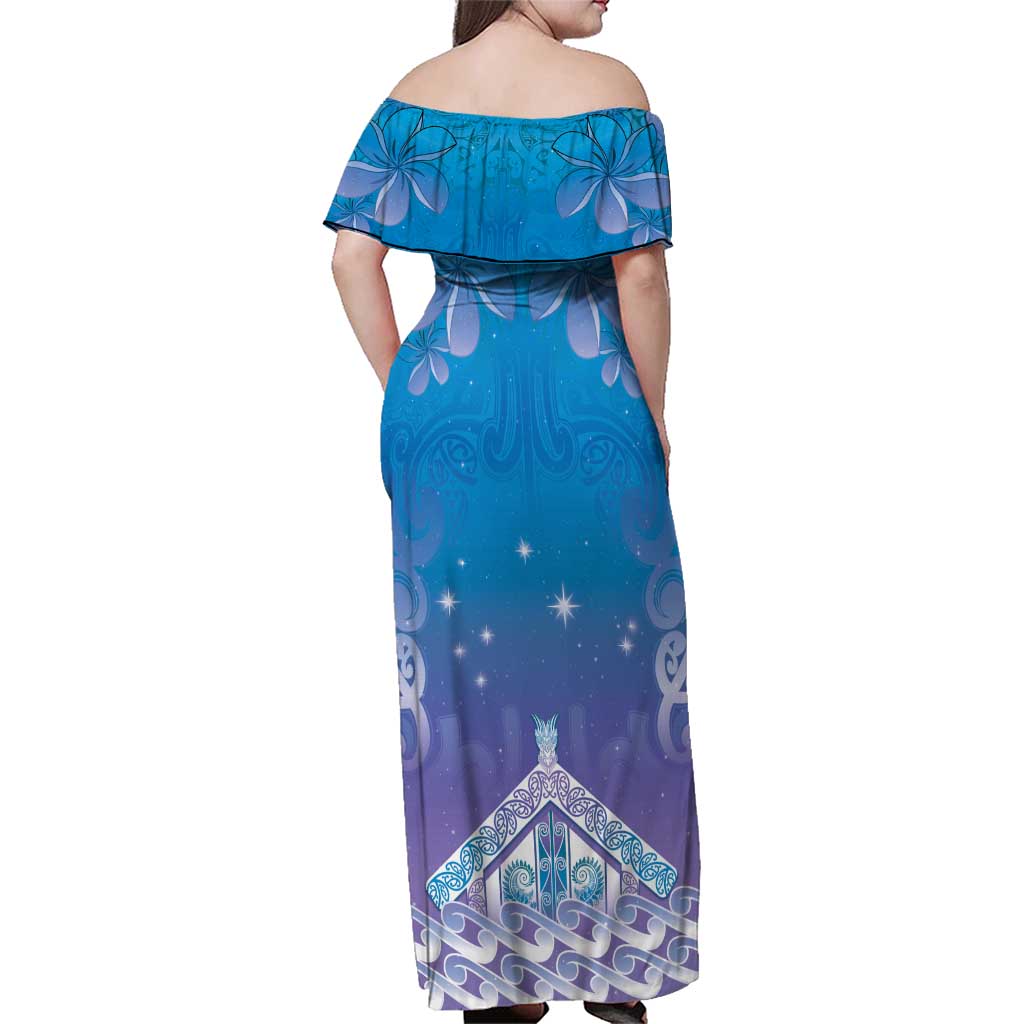 New Zealand Matariki Family Matching Off Shoulder Maxi Dress and Hawaiian Shirt Maori Marae Cyan Galaxy LT05 - Polynesian Pride