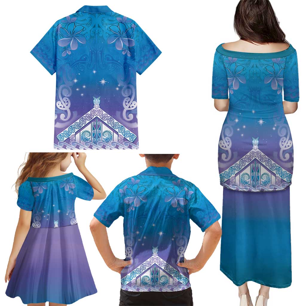 New Zealand Matariki Family Matching Puletasi and Hawaiian Shirt Maori Marae Cyan Galaxy LT05 - Polynesian Pride