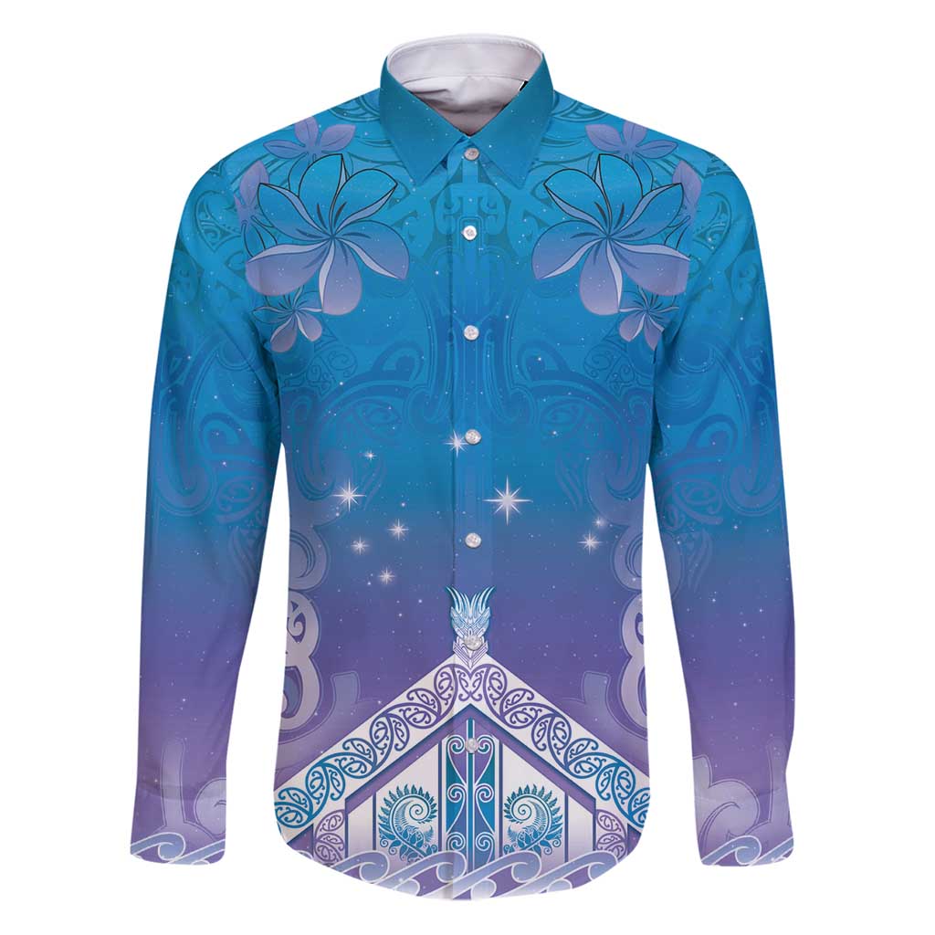 New Zealand Matariki Family Matching Puletasi and Hawaiian Shirt Maori Marae Cyan Galaxy LT05 Dad's Shirt - Long Sleeve Cyan - Polynesian Pride