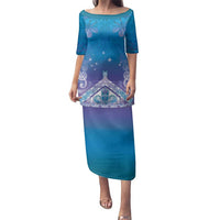 New Zealand Matariki Family Matching Puletasi and Hawaiian Shirt Maori Marae Cyan Galaxy LT05 Mom's Dress Cyan - Polynesian Pride