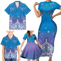 New Zealand Matariki Family Matching Short Sleeve Bodycon Dress and Hawaiian Shirt Maori Marae Cyan Galaxy LT05 - Polynesian Pride